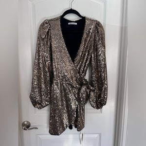 Reformation Jazzy Dress - Gold Sequin Wrap Mini Dress